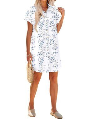 Casual Mini Beach Dress for Women - Cotton Button Down Short Sleeve Summer Dress